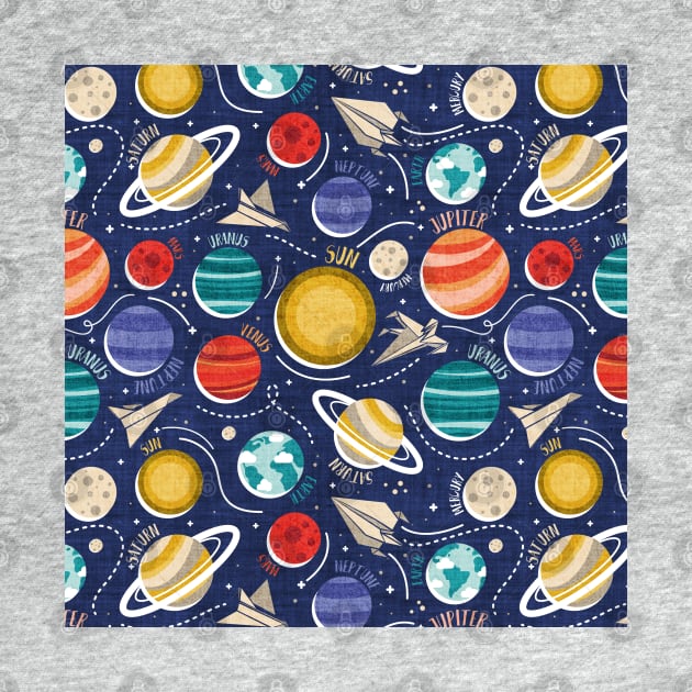 Paper space adventure I // pattern // navy blue background multicoloured solar system paper cut planets origami paper spaceships and rockets by SelmaCardoso